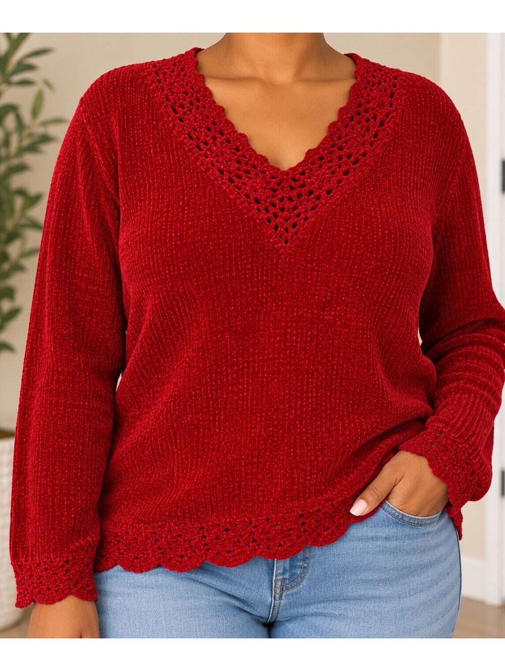Deep Red Chenille Crochet V Neck Sweater XL Long Sleeve NWT